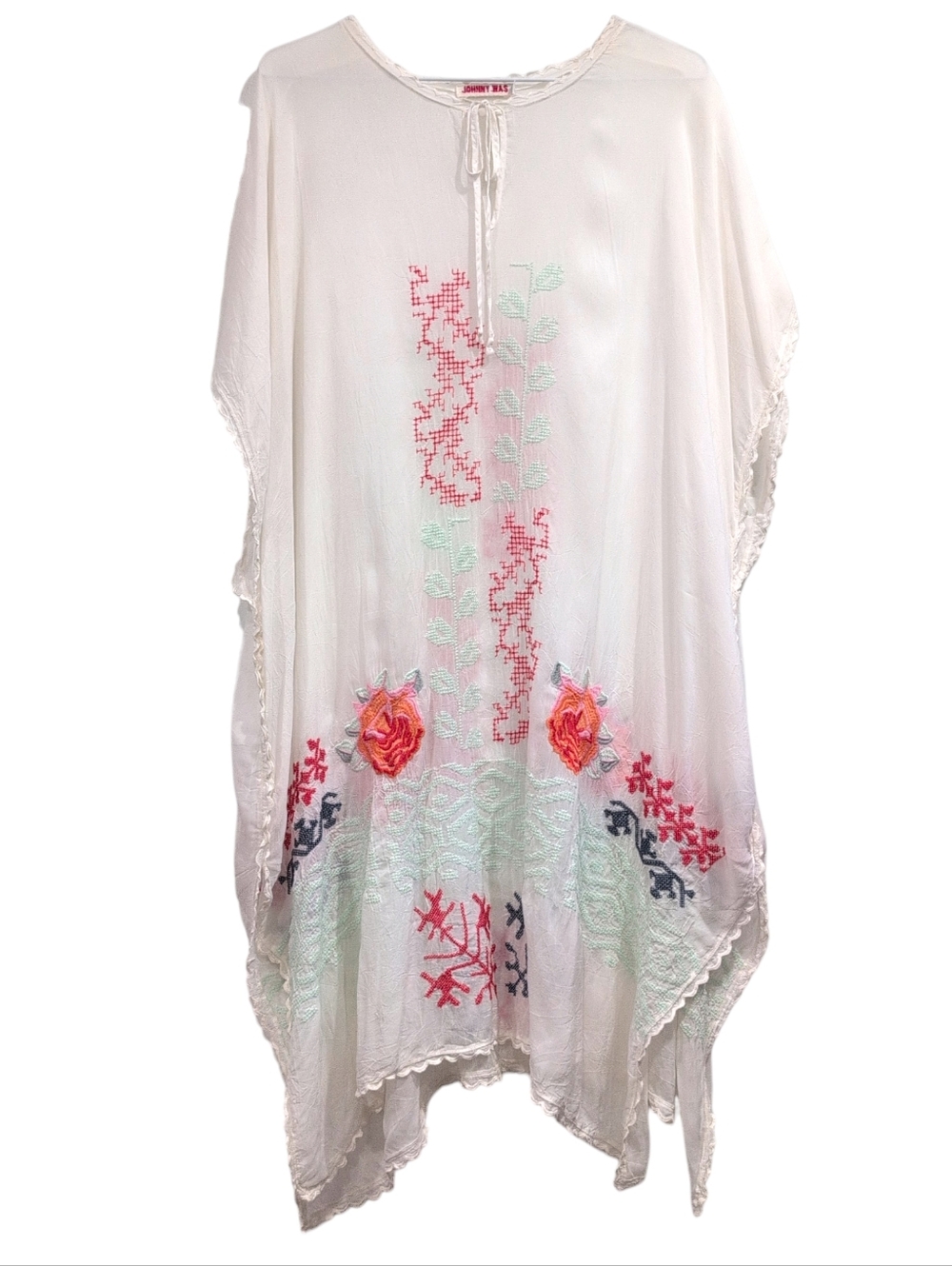 Johnny Was Aloha Poncho Tillson Embroidered Cream Long Kaftan Coverup Dress